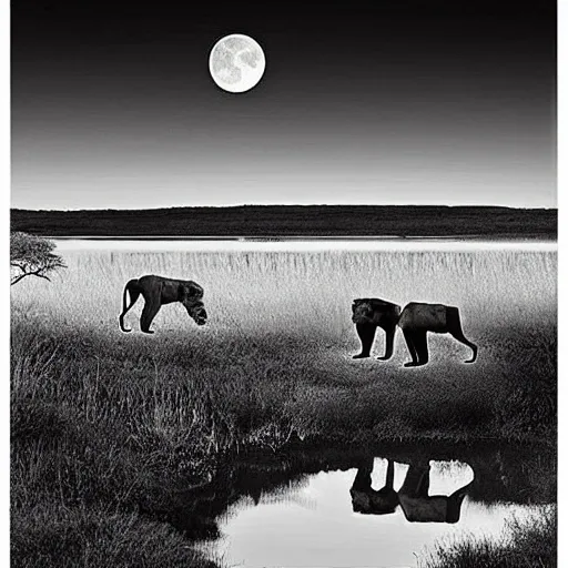 it is night, hyper-realistic photo recreation of a landscape during the night in Africa, there is a big lake,  two lions drinking water from the lake, lions are reflected in the water, full moon, the image is in black and white, and lions are looking to you, art by Greg du Toit

