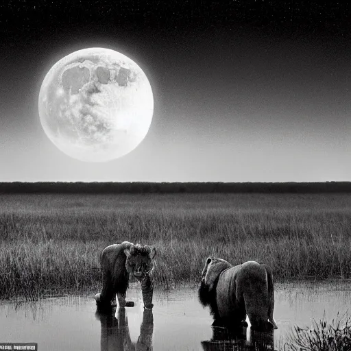 it is night, a hyper-realistic photo of a landscape during the night in Africa, there is a big lake,  two lions drinking water from the lake, lions are reflected in the water, full moon, the image is in black and white, and lions are looking to you, art by Nick Brandt

