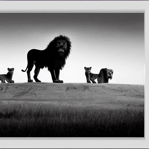 it is night, a hyper-realistic photo of a landscape during the night in Africa, there is a big lake,  two lions drinking water from the lake, lions are reflected in the water, full moon, the image is in black and white, and lions are looking to you, art by Nick Brandt

