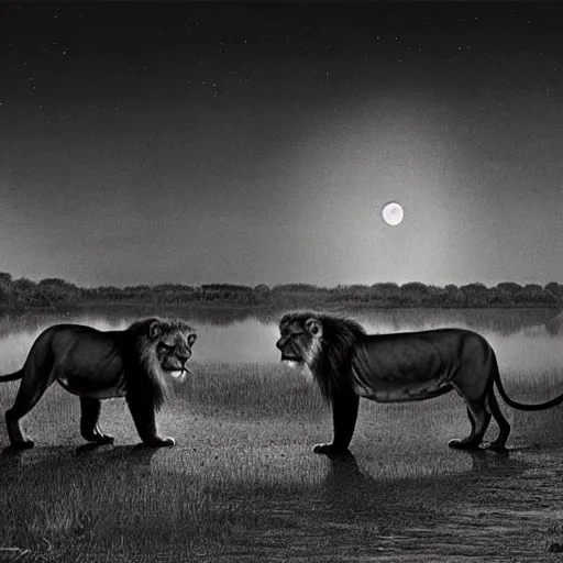 it is night, a hyper-realistic photo of a landscape during the night in Africa, there is a big lake,  two lions drinking water from the lake, lions are reflected in the water, full moon, the image is in black and white, and lions are looking to you, art by Nick Brandt

