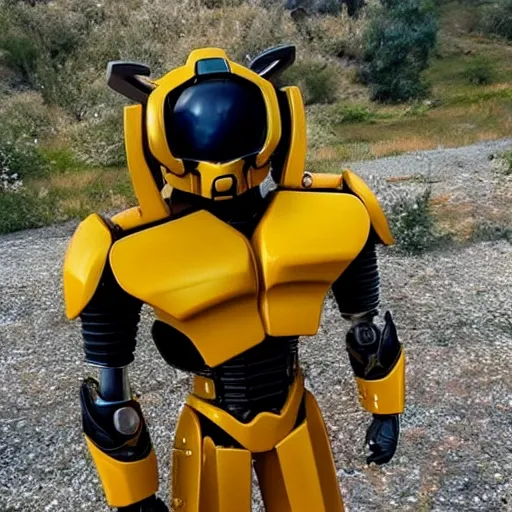 Genera una imagen de Bumblebee, uno de los personajes más emblemáticos de la franquicia Transformers, en un mundo steampunk. En esta versión, Bumblebee está equipado con engranajes y piezas de metal expuestas que le dan un aspecto mecánico y antiguo. Su color amarillo brillante se complementa con detalles de latón, remaches y tuberías de vapor, mientras que sus faros se reemplazan con lentes de cristal ahumado y lámparas de gas. Además, Bumblebee lleva una armadura de cuero negro adornada con hebillas y correas para proteger su cuerpo mecánico en el campo de batalla. Su arma principal es un cañón de plasma que dispara chorros de vapor ardiente, lo que lo convierte en una amenaza formidable para cualquier oponente. La imagen muestra a Bumblebee en una pose de batalla, con su cañón de plasma listo para disparar mientras se encuentra en un paisaje urbano decadente y humeante.