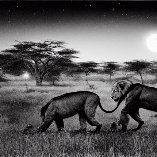 it is night, a real photo of a landscape during the night in Africa, there is a big lake,  two lions drinking water from the lake, lions are reflected in the water, full moon, the image is in black and white, and lions are looking to you, art by Nick Brandt

