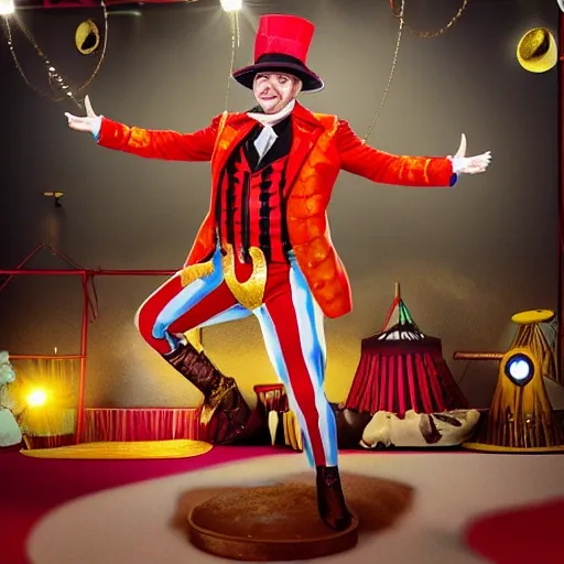 circus ringleader, wearing hat, and circus in background, realistic, hyper realistic, 8k, soft lights, beautiful colors, full leather, waving with open arms, sharp details, light brown hair and green eyes