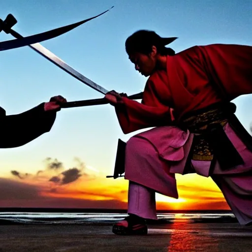 a samurai fighting on sunset 
