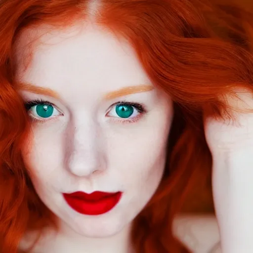 Photo of beautiful redhead girl. using Fujifilm gfx100s. hedhead ginger girl. green eyes. smiling. red lips. bote lower lip. she's looking in the camera. her arm are visible. white gold background. has long hairs. she has frackles. her skin is very beight. she is wearing knitted translucent bra.