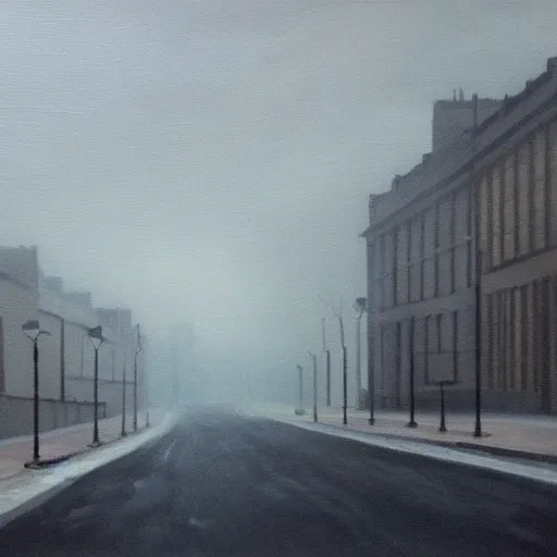 Deserted foggy street in Edinburgh. Overcast weather. Background for visual novel. Cold, anxiety, melancholy.  Oil Painting. Amor, Rick.