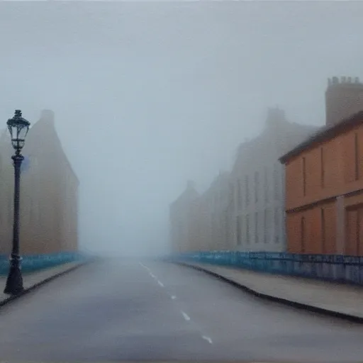 Deserted foggy street in Edinburgh. Overcast weather. Background for visual novel. Autumn, cold, anxiety, melancholy.  Oil Painting.