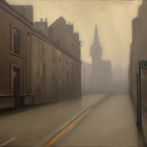 Deserted foggy street in Edinburgh. Overcast weather. Background for visual novel. Autumn, cold, anxiety, melancholy.  Oil Painting. Size: 1920, 1080