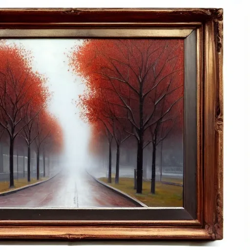 Deserted foggy street in Edinburgh. Overcast weather. Background for visual novel. Autumn, cold, anxiety, melancholy.  Oil Painting.

{
"width": 1920,
"height": 1080
}