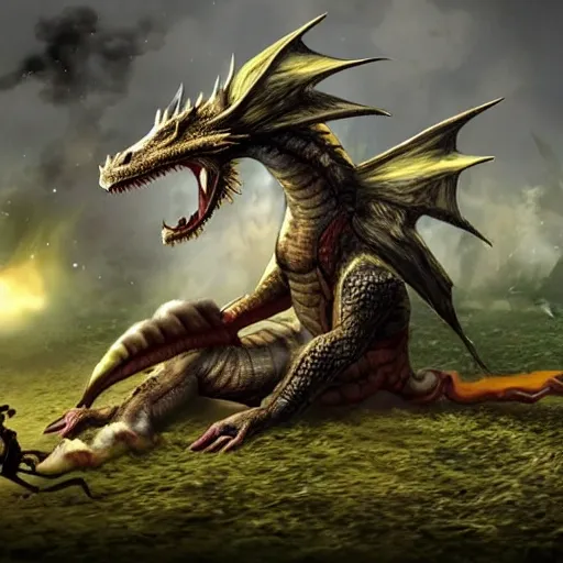 An injured dragon on a battle field