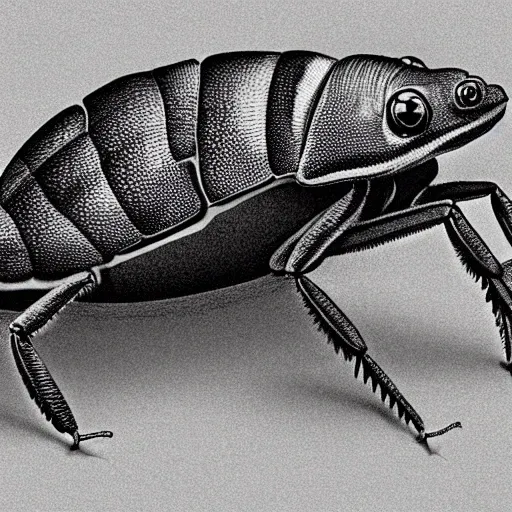 A black chameleon and a small cockroach next to it, Cartoon