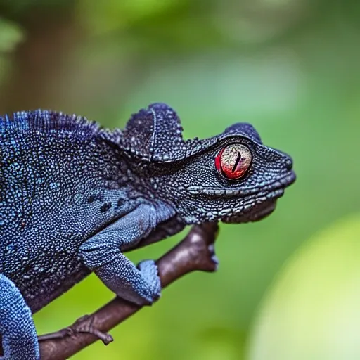 A large black chameleon, and next to it a small cockroach