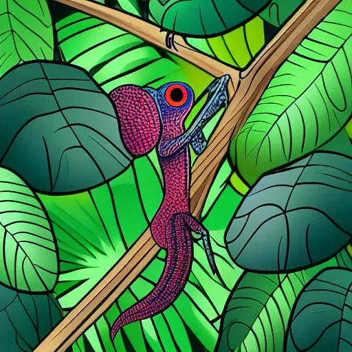 Generate a cartoon-style illustration of a black chameleon in a jungle environment. The chameleon is perched on a branch with its tongue extended, ready to catch a small cockroach on the ground. The chameleon has bright colors and large eyes that make it look friendly and playful. The jungle environment is filled with lush plants, tall trees, and tangled vines. The sun shines through the canopy of the forest, creating a play of light and shadow. The image style is caricatured, with rounded shapes and vibrant colors that give it a fun and lively look. The text "Wild Adventures" is written in a cartoon-style font with large colorful letters, positioned at the top of the image, adding a touch of fun and adventure to the design.