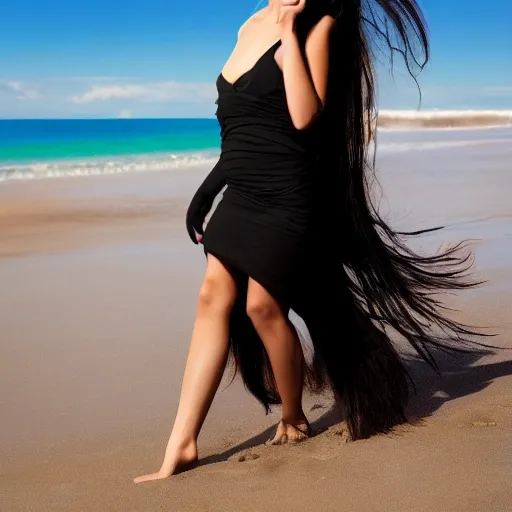 professional photo of a beautiful woman, very long black hair, high stature, full body, beach setting, 4k, 3D