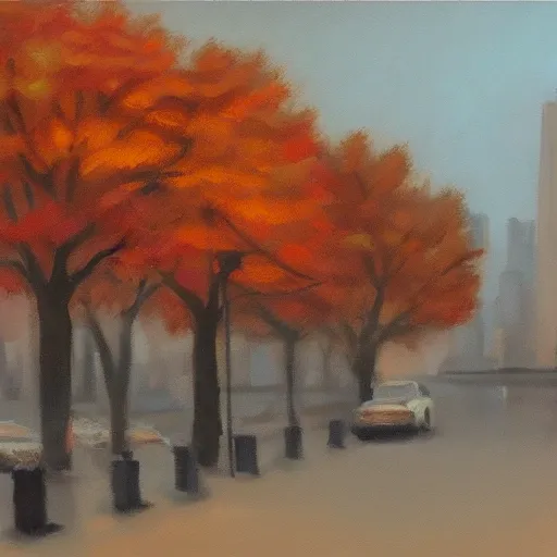 Manhattan, New York. Overcast weather. Background for visual novel. Autumn, cold, anxiety, melancholy.  Oil Painting.