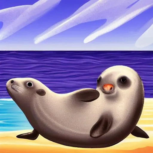 genera una imagen de una foca y un mono en una playa , Cartoon