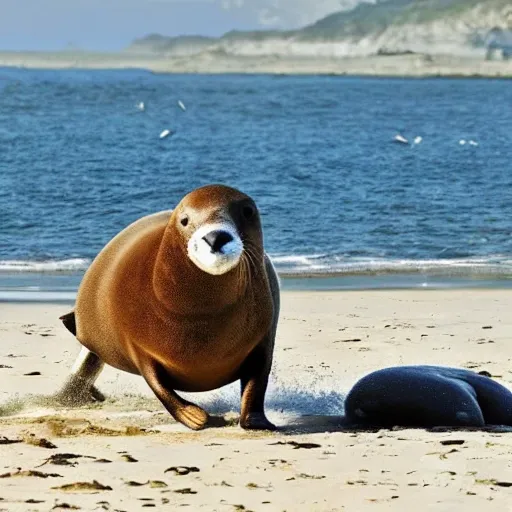 Genera una imagen que cumpla los siguiente requisitos: - Deben salir un mono y una foca. - Deben estar en una playa. - Deben estar jugando a pasarse una pelota. , Cartoon