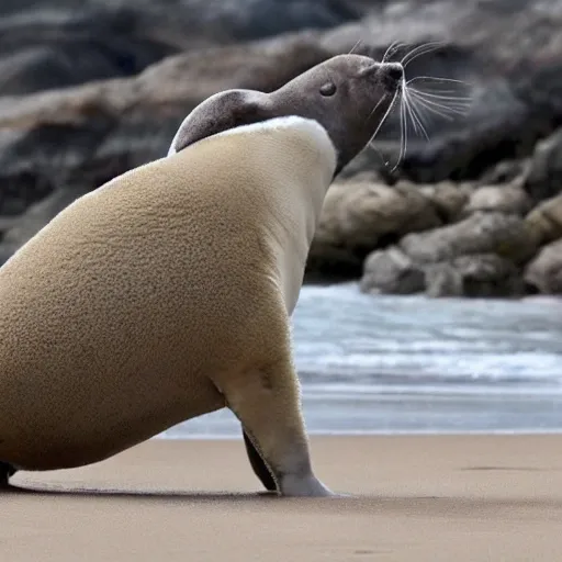 Genera una imagen de un dibujo animado  que cumpla los siguiente requisitos: - Debe salir un mono con una foca
 - Deben estar en una playa. - Deben estar jugando a pasarse una pelota. 