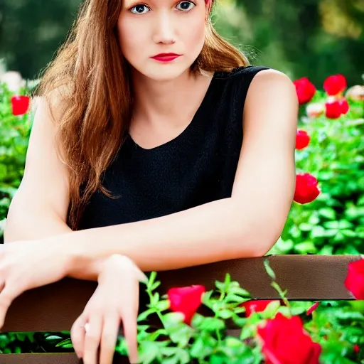 Photo of a beautiful young lady, close portrait, in a garden with roses sitting in a bench,  8k, highly detail, natural looking, dslr canon camera using a 100 mm lens, mesmerizing, stunning, outstanding, perfect face, , very beautiful  alive, realism, trending on artstation, sharp focus, studio photo, intricate details, highly detailed, Jennifer Massaux, zbyszek pocian