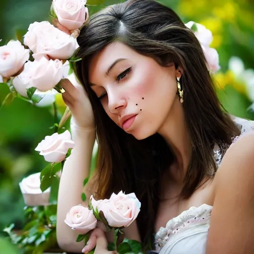 Photo of a beautiful young lady, , in a garden with roses sitting in a bench,  8k, highly detail, natural looking, dslr canon camera using a 100 mm lens, taken from 10 mts away, mesmerizing, stunning, outstanding, perfect face, , very beautiful  alive, realism, trending on artstation, sharp focus, studio photo, intricate details, highly detailed, Jennifer Massaux, 