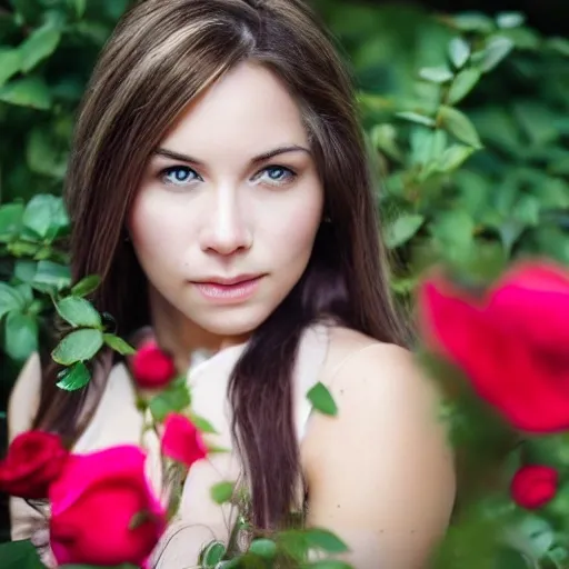 Photo of a beautiful young lady, , in a garden with roses sitting in a bench,  8k, highly detail, natural looking, dslr canon camera using a 100 mm lens, taken from 20 mts away, mesmerizing, stunning, outstanding, perfect face, , very beautiful  alive, realism, trending on artstation, sharp focus, studio photo, intricate details, highly detailed, Jennifer Massaux, 