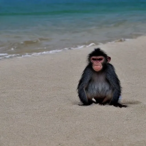 un chimpance en una playa, una foca en una playa,jugando,  Cartoon