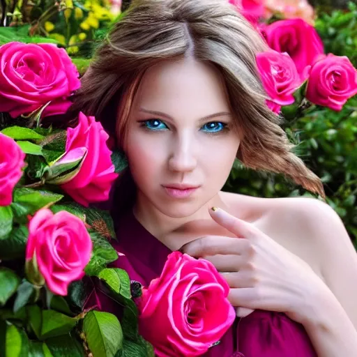 Photo of a beautiful young lady, , in a garden with roses sitting in a bench,  8k, highly detail, natural looking, dslr canon camera using a 100 mm lens, taken from 20 mts away, mesmerizing, stunning, outstanding, perfect face, , very beautiful  alive, realism, trending on artstation, sharp focus, studio photo, intricate details, highly detailed, Jennifer Massaux, , 3D