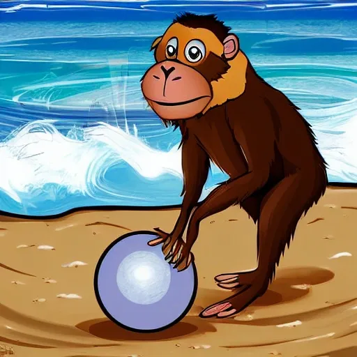 un chimpance jugando a la pelota con una foca en una playa, Cartoon