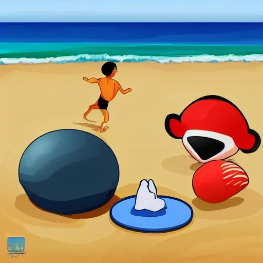 un mono y una foca  jugando a la pelota en una playa, Cartoon