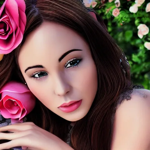 Photo of a beautiful young lady,  in a garden with roses sitting in a bench,  8k, highly detail, natural looking, dslr canon camera using a 100 mm lens, taken from 30 feet away, mesmerizing, stunning, outstanding, perfect face, , very beautiful  alive, realism, trending on artstation, sharp focus, studio photo, intricate details, highly detailed, Jennifer Massaux, , 3D