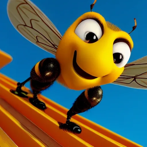 an happynes bee flying on a hive, Render, pixar