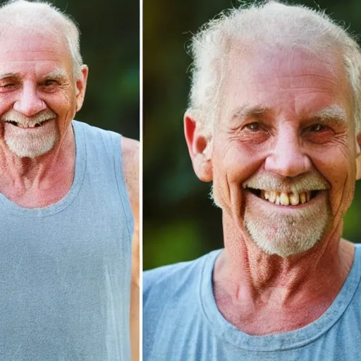 realistic, old man, tank top, smiling