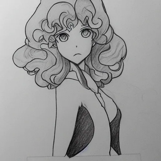 pencil sketch of an anime girl with a curly hair