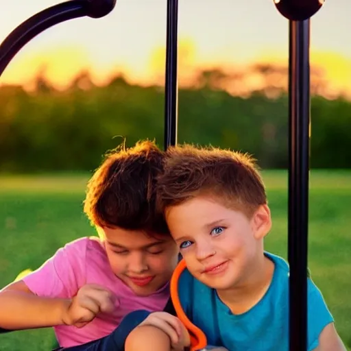 a boy and a girl sit on a jungle gym, sharing their earpods , sunset shines on them, Water Color