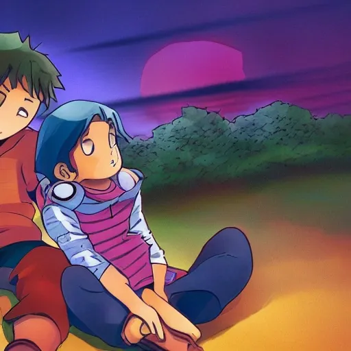 a boy and a girl sit on a jungle gym, sharing their earpods , sunset shines on them, Anime, 