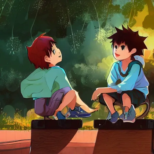 a boy and a girl sit on the jungle gym, the boy shares his earpods to the girl, sunset shines on them, Anime, Japanese, 