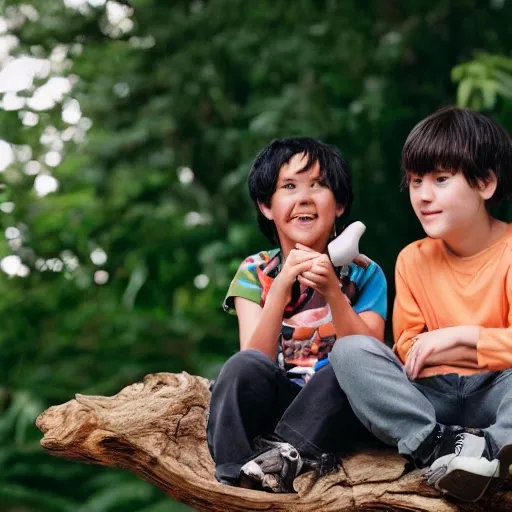 a boy and a girl sit on a high jungle gym, they are sharing the same earphone and listening to music, sunset shines on them, the girl has short black hair, Anime, Japanese, 