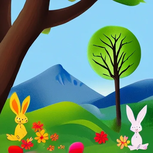 , Cartoon, create a children's book cover, On this cover, we can see a little rabbit standing in a dense forest surrounded by tall trees and colorful flowers. The rabbit has a bright smile on its face, seemingly enjoying the beautiful surroundings. In the background, we can see hills in the distance and a blue sky. The title is at the top, using a warm handwritten font, such as "Little Rabbit's Big Adventure" or "Secrets of the Forest." The entire cover uses green, brown, and yellow color tones to match the forest and animal theme. Around the little rabbit, we can see other small animals, such as squirrels, birds, and butterflies, as well as some flowers and shrubs, to increase the cover's interest and appeal