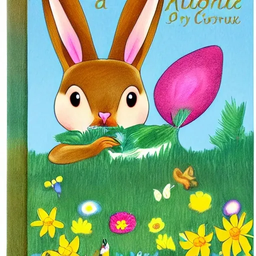 , Cartoon, create a children's book cover, On this cover, we can see a little rabbit standing in a dense forest surrounded by tall trees and colorful flowers. The rabbit has a bright smile on its face, seemingly enjoying the beautiful surroundings. In the background, we can see hills in the distance and a blue sky. The title is at the top, using a warm handwritten font, such as "Little Rabbit's Big Adventure" or "Secrets of the Forest." The entire cover uses green, brown, and yellow color tones to match the forest and animal theme. Around the little rabbit, we can see other small animals, such as squirrels, birds, and butterflies, as well as some flowers and shrubs, to increase the cover's interest and appeal, A little more realistic