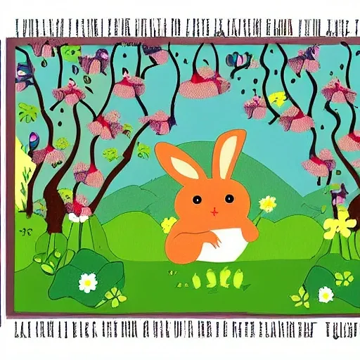 create a children's book cover, Cartoon， On this cover, we can see a little rabbit standing in a dense forest surrounded by tall trees and colorful flowers. The rabbit has a bright smile on its face, seemingly enjoying the beautiful surroundings. In the background, we can see hills in the distance and a blue sky. The title is at the top, using a warm handwritten font, such as "Little Rabbit's Big Adventure" or "Secrets of the Forest." The entire cover uses green, brown, and yellow color tones to match the forest and animal theme. Around the little rabbit, we can see other small animals, such as squirrels, birds, and butterflies, as well as some flowers and shrubs, to increase the cover's interest and appeal.