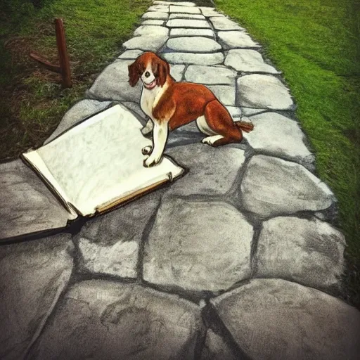 create a children's book cover, Cartoon, rural, Cartoon, stone walkway, dog, sitting