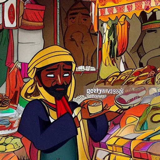 , Cartoon, creat a cartoon image of Alibaba, He wears a white headscarf adorned with classic decorations from Arab countries and a worn white robe,  We can see him from the side, We can see that he is selling goods in a bustling marketplace with products laid out around him,  We can see His gaze is fixed on observing the crowd, waiting for someone to come and buy his wares, we can see this art is not abstract, 