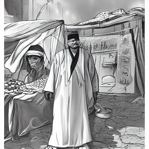 , Cartoon, creat a cartoon image of Alibaba, He wears a white headscarf adorned with classic decorations from Arab countries and a worn white robe,  We can see him from the side, We can see that he is selling goods in a bustling marketplace with products laid out around him,  We can see His gaze is fixed on observing the crowd, waiting for someone to come and buy his wares, we can see this art is not abstract, His eyes do not show any signs of hardship, 