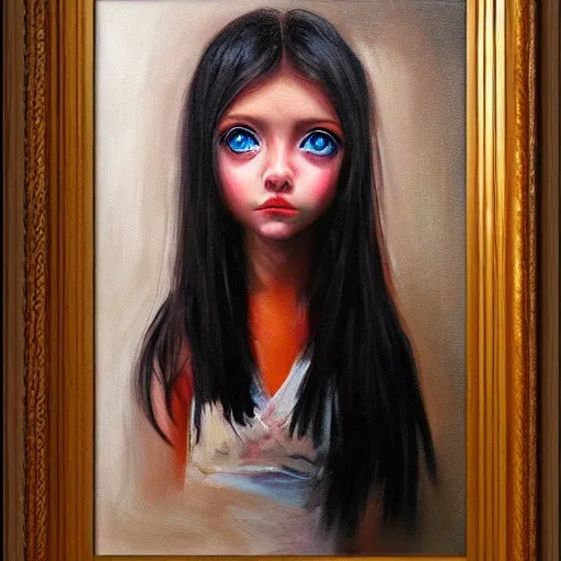 , 3D, girl, big eyes, black hair, brave, Oil Painting