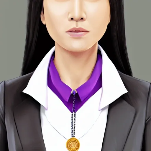 full-body portrait, modern, ultra-realistic, korean female news reporter reporting, detailed face, purple and white color scheme, iconic circular pendant necklace, highly detailed, sharp focus, 8K resolution, simple background, trending on ArtStation, featured on Pixiv, cinematic composition, metahuman creator, looking at viewer. 