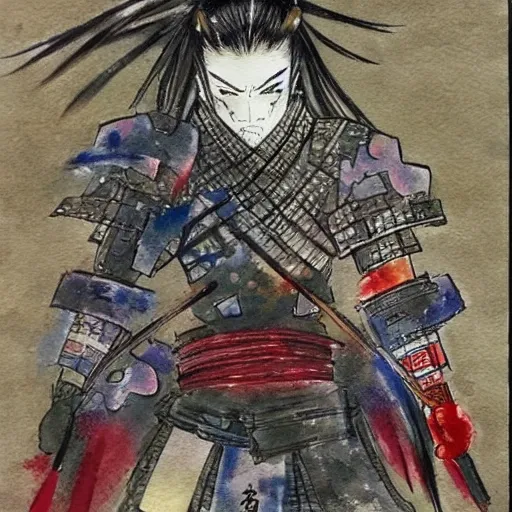 samurai picture yoshitaka amano style , Water Color