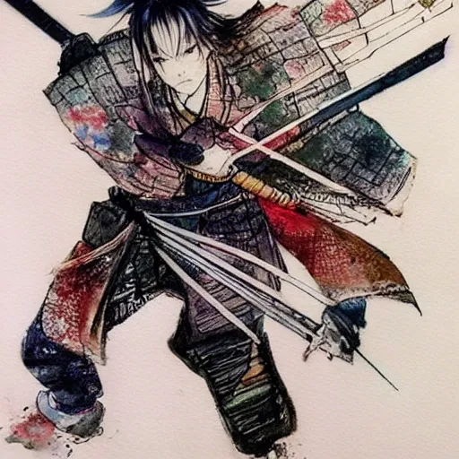 yoshitaka amano ART style , Water Color, samurai WITH KATANA