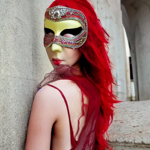 Beautiful girl with long legs at masquerade, mask, red hair