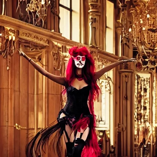 Beautiful girl with long legs at masquerade, mask, red hair，In a gorgeous hall, full body, high heels, wild,Wide-angle lens，  16:9