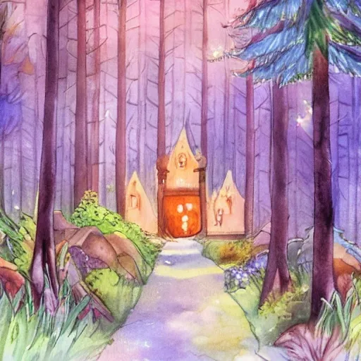 An illustration of a magical forest, with a watercolor style, warm color palette, and whimsical details. The forest should feel alive and full of movement, with the leaves and grasses swaying in the breeze. The fireflies should be bright and twinkling, leading the way through the forest. The castle should be partially hidden by the mist, but still visible enough to capture the viewer's attention